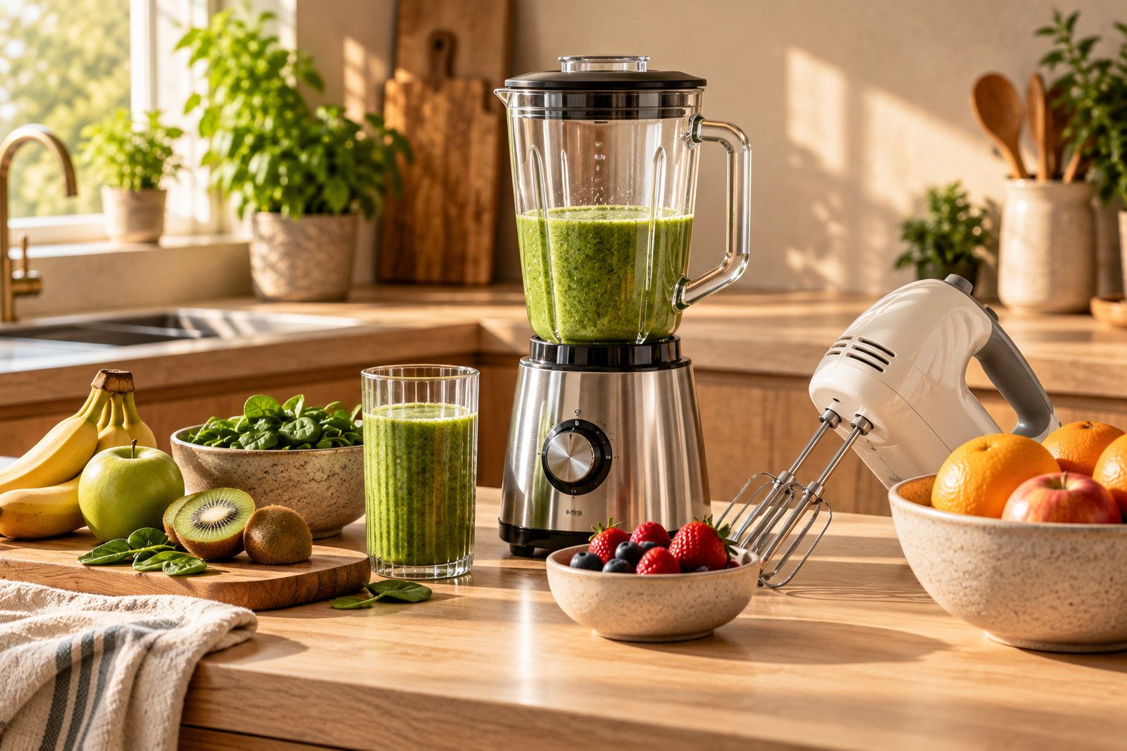 Blender met glazen kan naast een mixer op het aanrecht