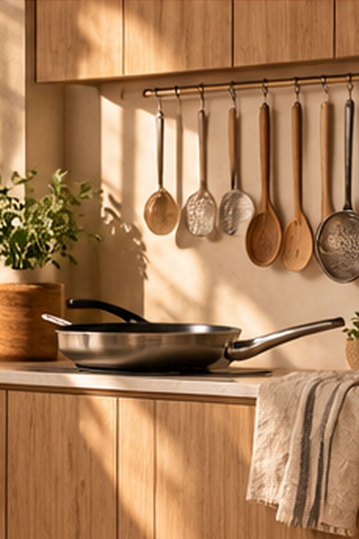 Lichte keuken met hangend keukengerei en een koekenpan