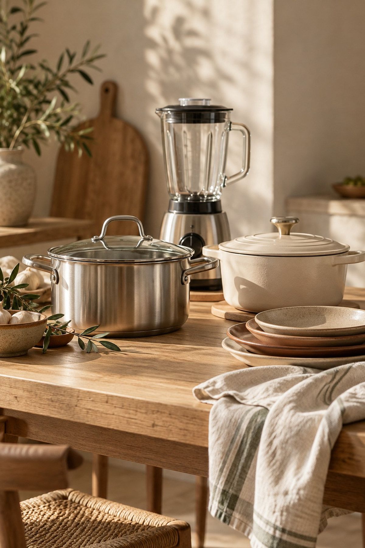 Pannen, een blender en servies stijlvol uitgestald op een tafel