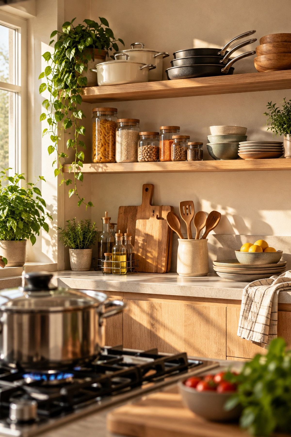 Sfeervolle keuken met pannen, houten snijplanken en keukengerei